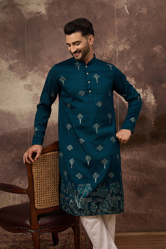 Blue Silk Blend Solid Embroidered Straight Kurta MKU1331