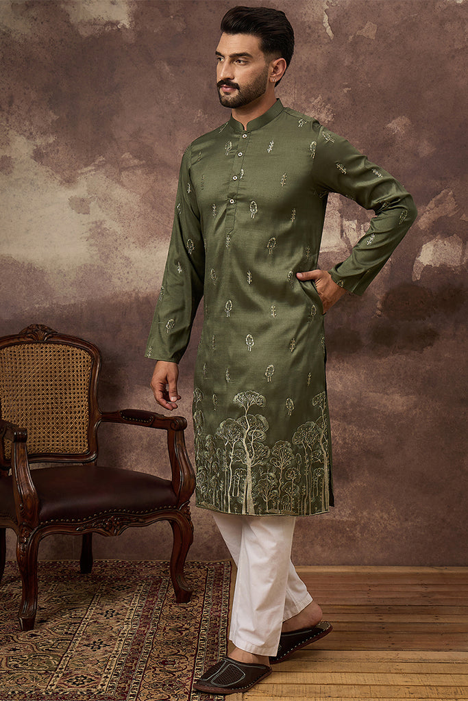 Green Silk Blend Solid Embroidered Straight Kurta MKU1332