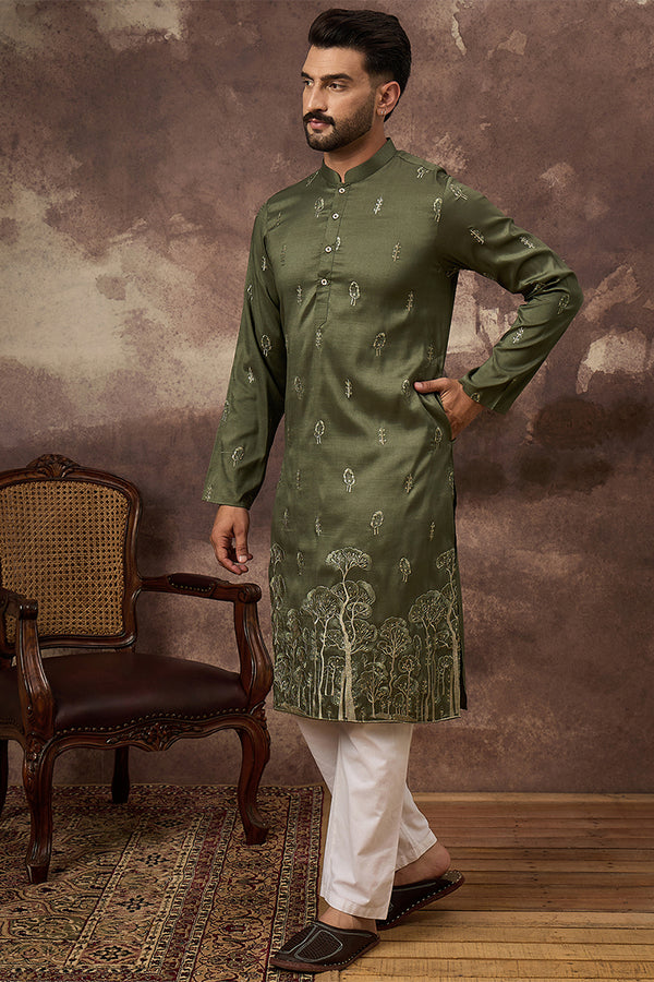 Green Silk Blend Solid Embroidered Straight Kurta MKU1332