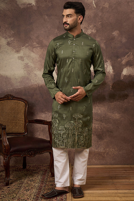 Green Silk Blend Solid Embroidered Straight Kurta MKU1332