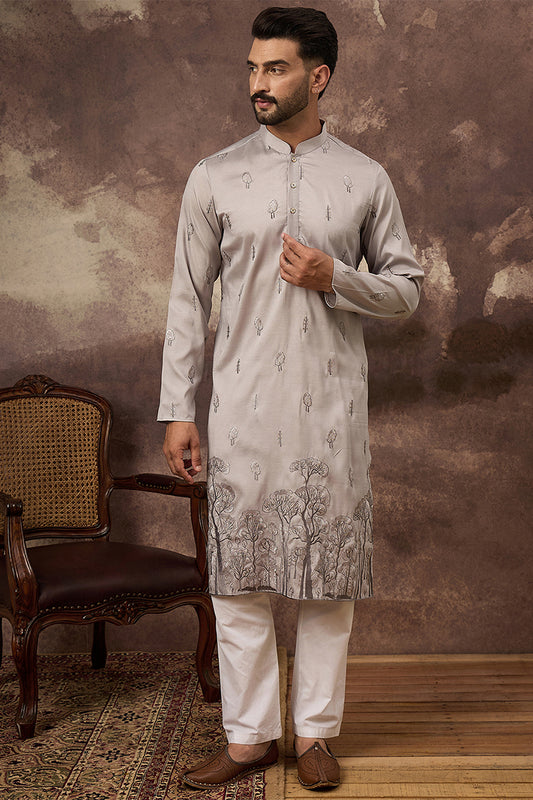 Grey Silk Blend Solid Embroidered Straight Kurta MKU1335