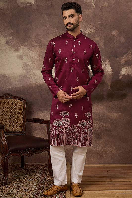 Maroon Silk Blend Solid Embroidered Straight Kurta MKU1336
