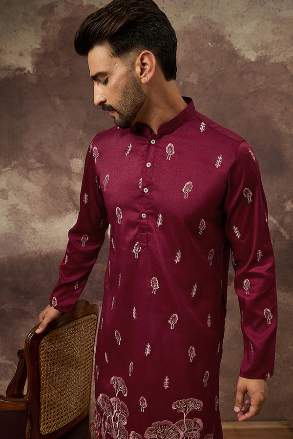 Maroon Silk Blend Solid Embroidered Straight Kurta MKU1336