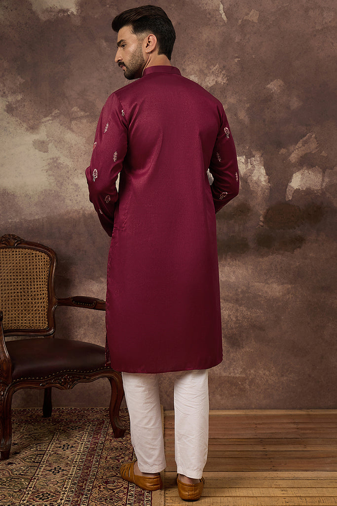 Maroon Silk Blend Solid Embroidered Straight Kurta MKU1336