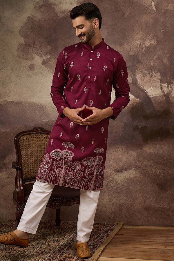 Maroon Silk Blend Solid Embroidered Straight Kurta MKU1336