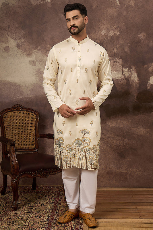 White Silk Blend Solid Embroidered Straight Kurta MKU1337