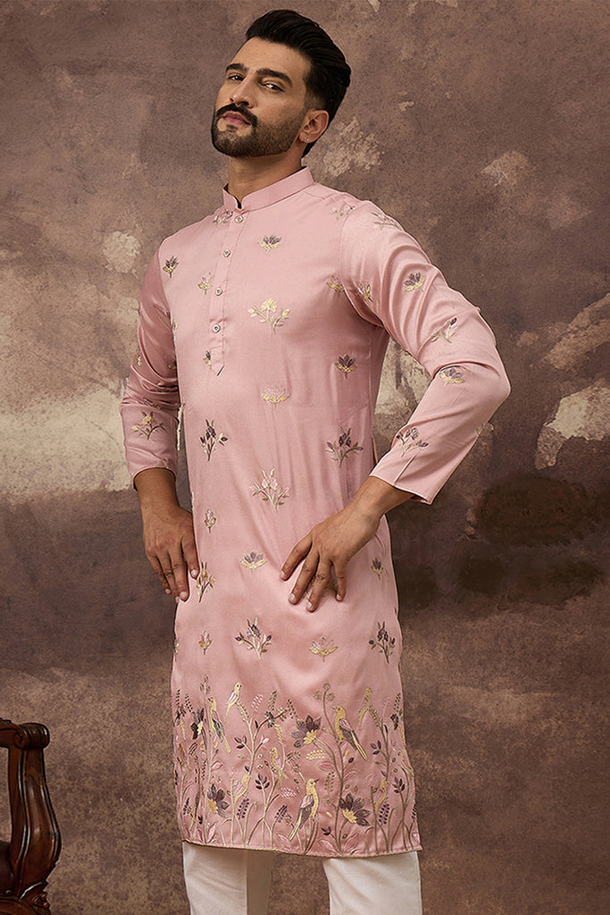 Peach Silk Blend Solid Embroidered Straight Kurta MKU1339