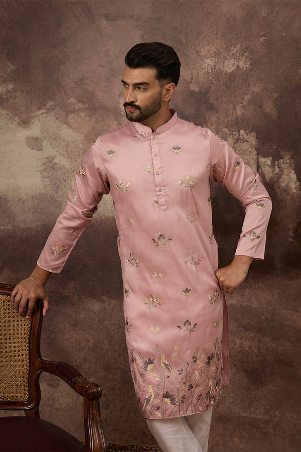 Peach Silk Blend Solid Embroidered Straight Kurta MKU1339