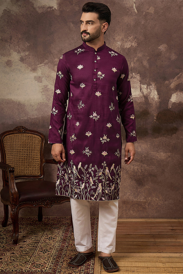 Purple Silk Blend Solid Embroidered Straight Kurta MKU1340