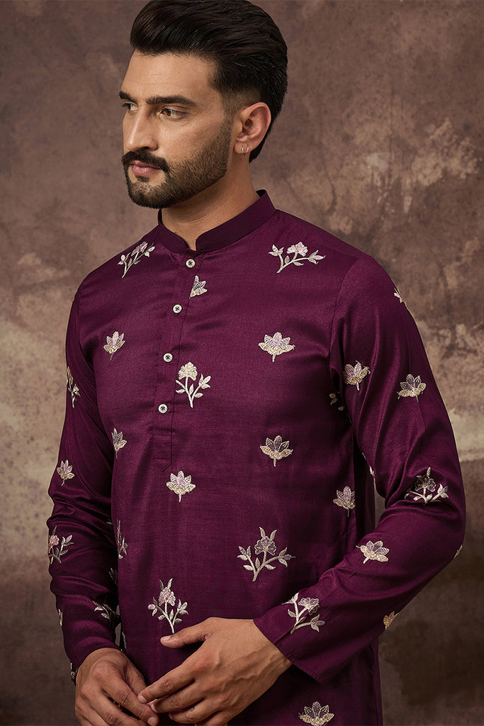 Purple Silk Blend Solid Embroidered Straight Kurta MKU1340