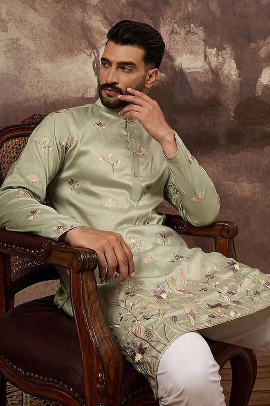 Green Silk Blend Solid Embroidered Straight Kurta MKU1341