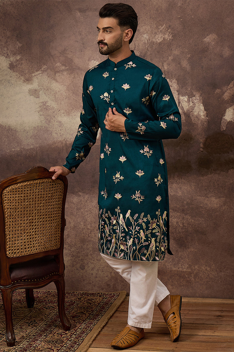 Blue Silk Blend Solid Embroidered Straight Kurta MKU1342