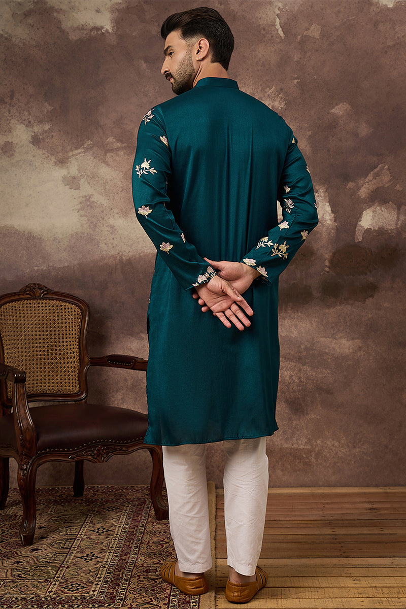 Blue Silk Blend Solid Embroidered Straight Kurta MKU1342