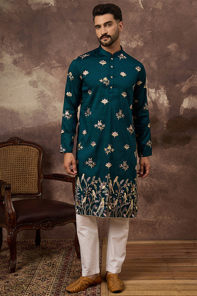 Blue Silk Blend Solid Embroidered Straight Kurta MKU1342