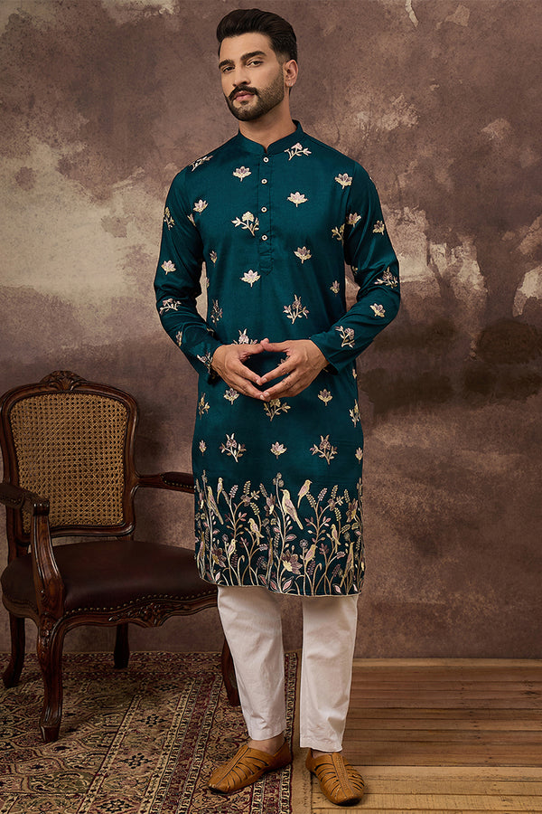 Blue Silk Blend Solid Embroidered Straight Kurta MKU1342