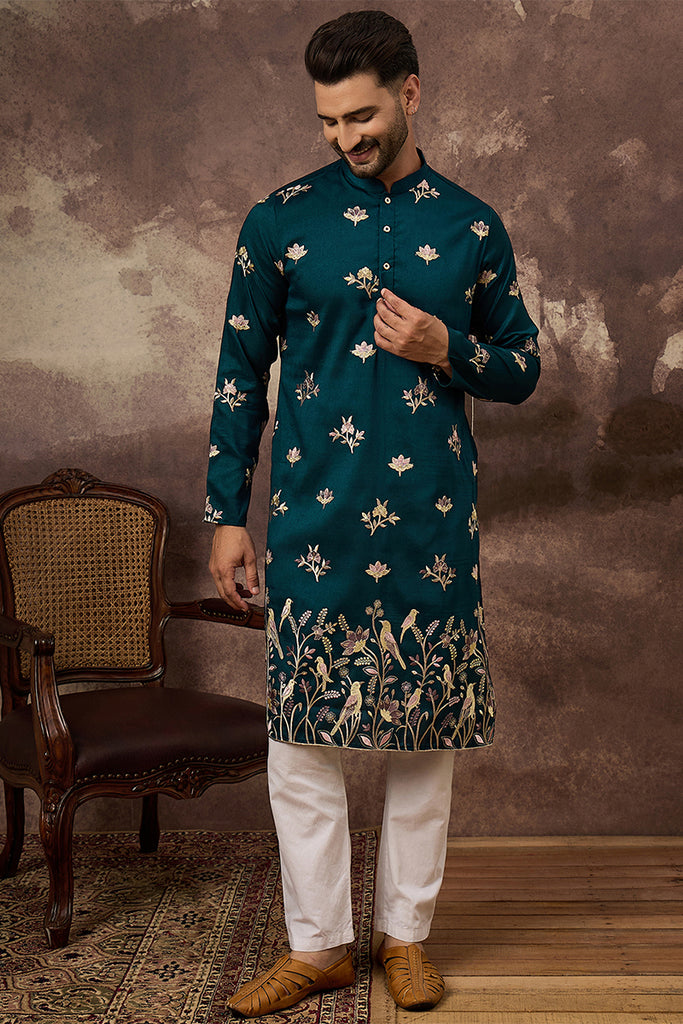Blue Silk Blend Solid Embroidered Straight Kurta MKU1342