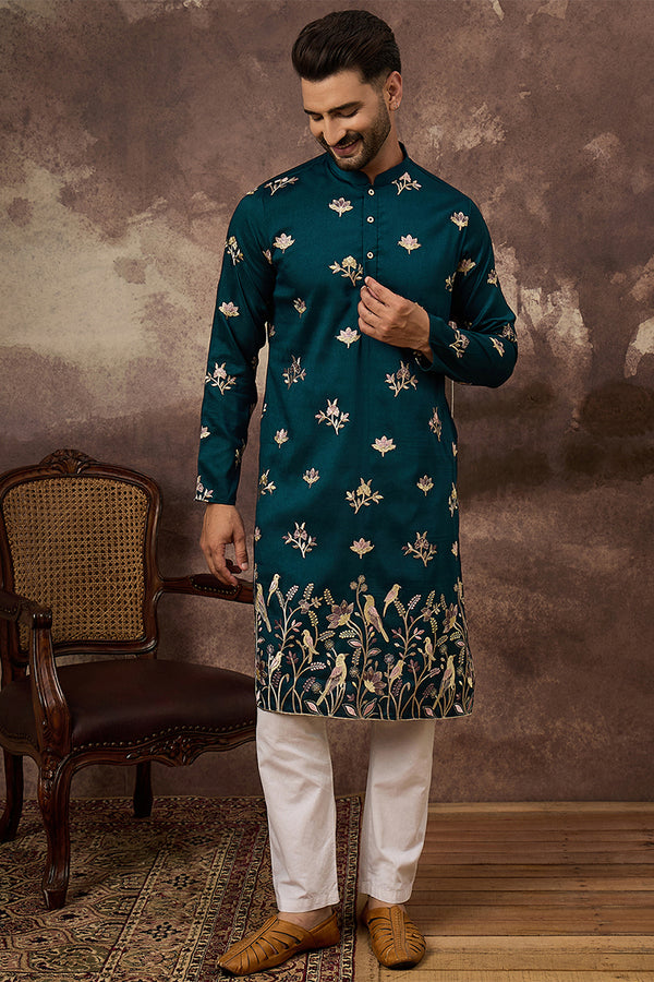 Blue Silk Blend Solid Embroidered Straight Kurta MKU1342