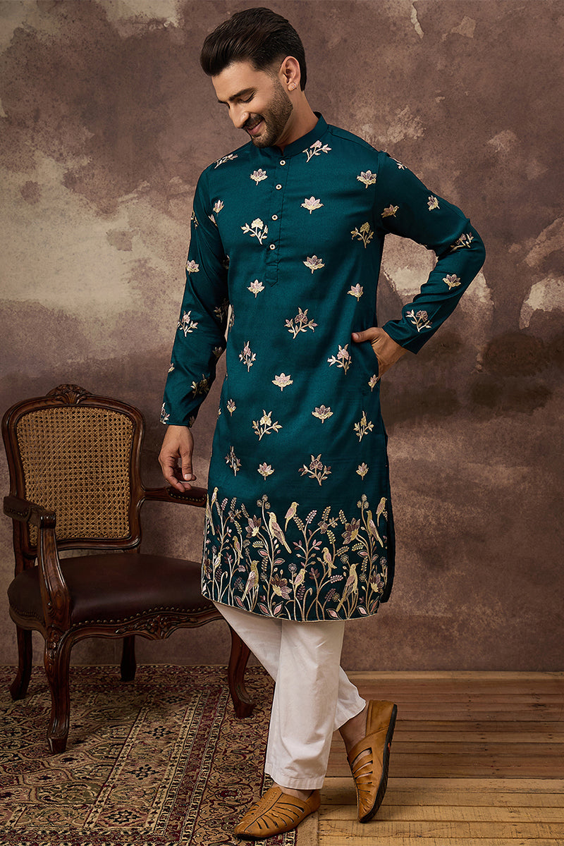 Blue Silk Blend Solid Embroidered Straight Kurta MKU1342