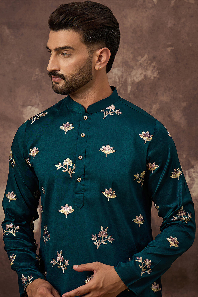 Blue Silk Blend Solid Embroidered Straight Kurta MKU1342