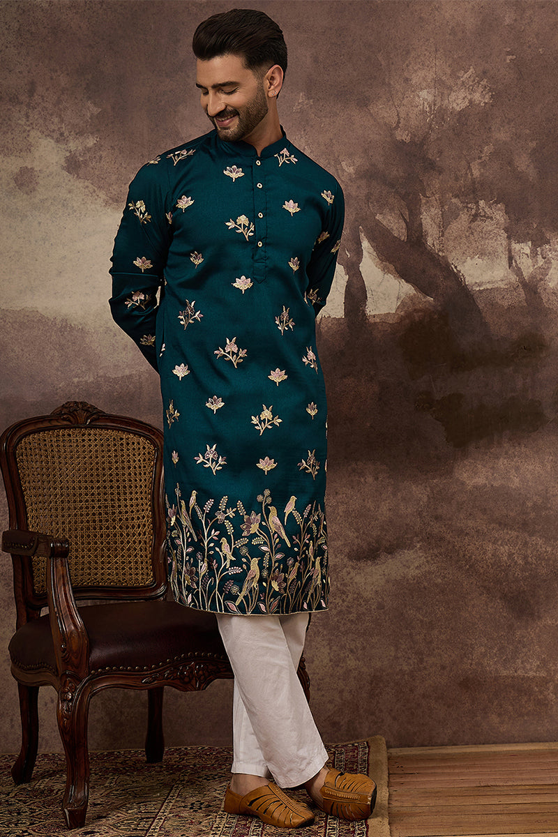 Blue Silk Blend Solid Embroidered Straight Kurta MKU1342