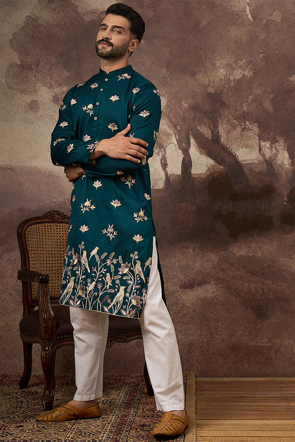 Blue Silk Blend Solid Embroidered Straight Kurta MKU1342