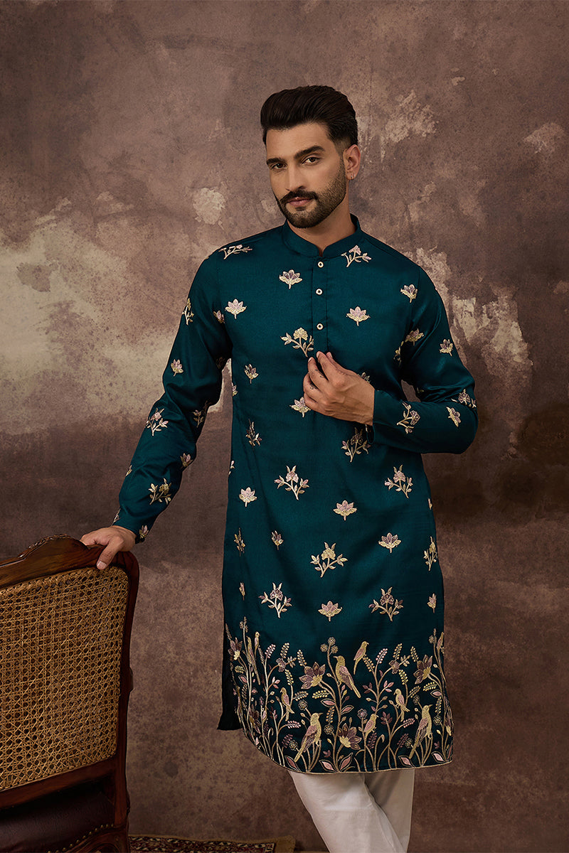 Blue Silk Blend Solid Embroidered Straight Kurta MKU1342