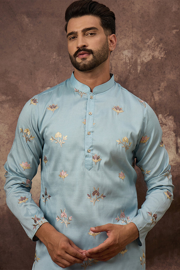 Blue Silk Blend Solid Embroidered Straight Kurta MKU1343