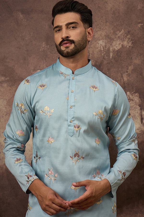 Blue Silk Blend Solid Embroidered Straight Kurta MKU1343