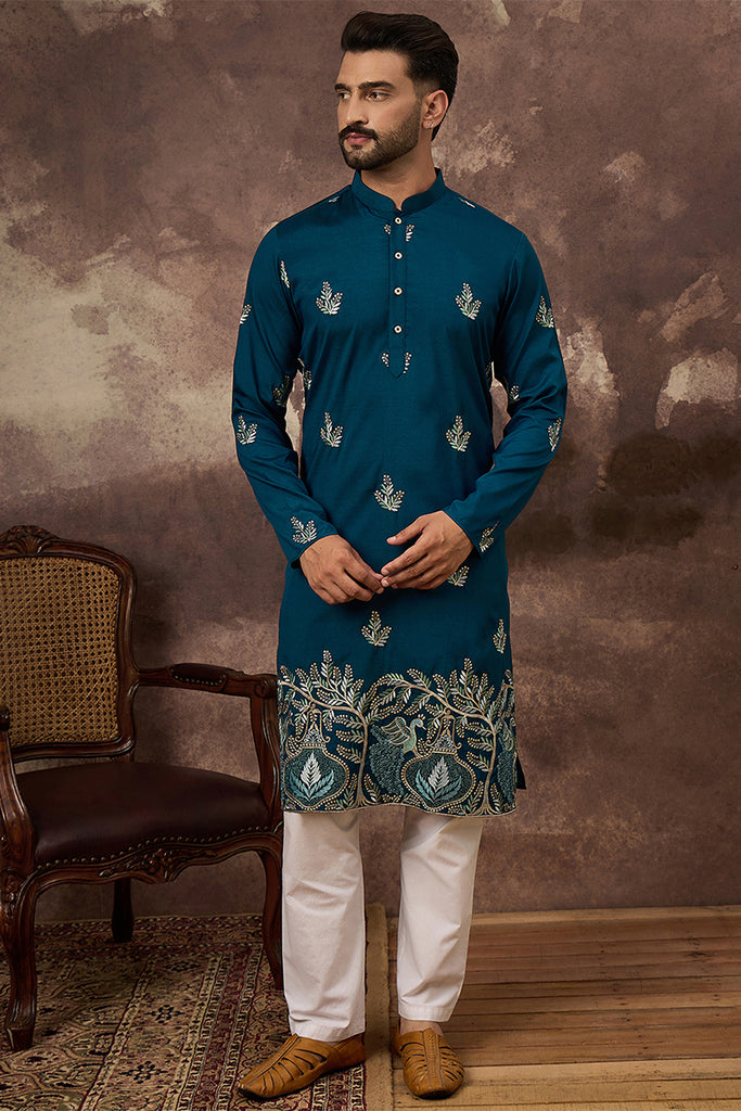 Blue Silk Blend Solid Embroidered Straight Kurta MKU1344