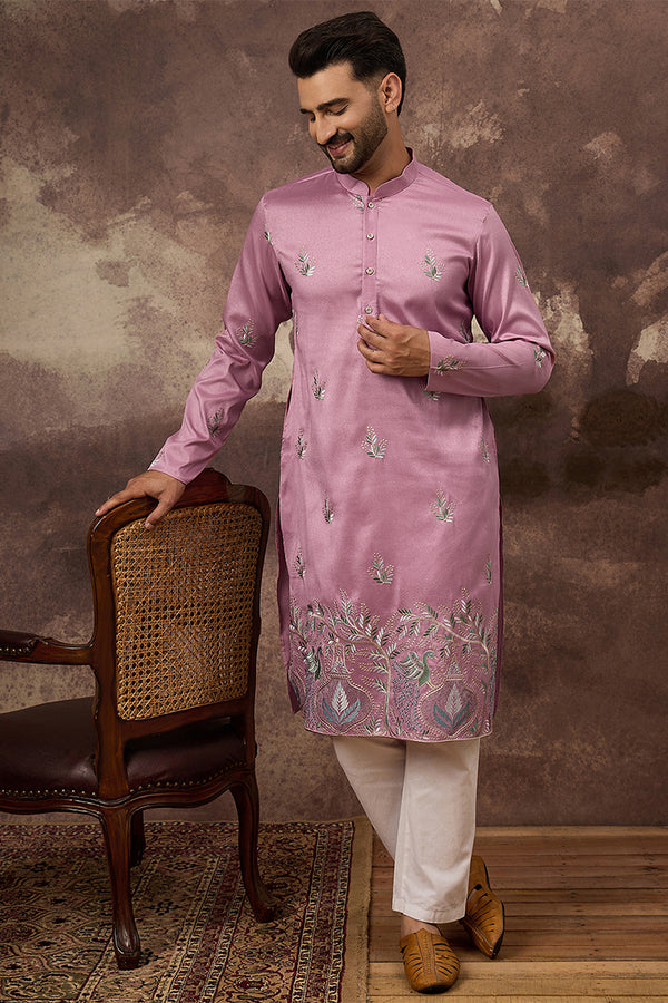Pink Silk Blend Solid Embroidered Straight Kurta MKU1347