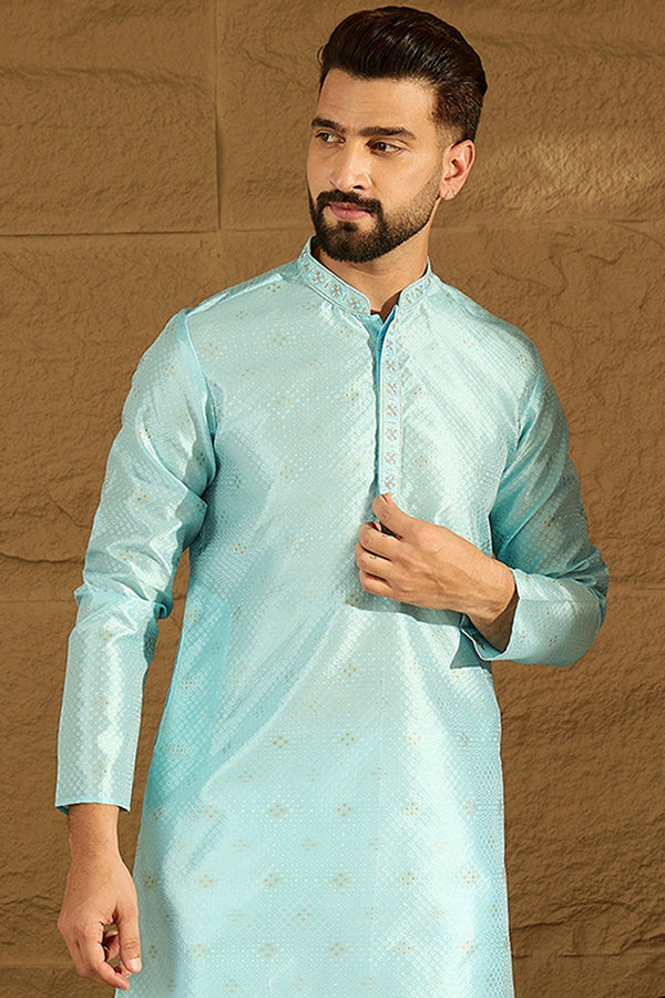 Blue Silk Blend Solid Woven Design Straight Kurta with Trouser MKSET1350