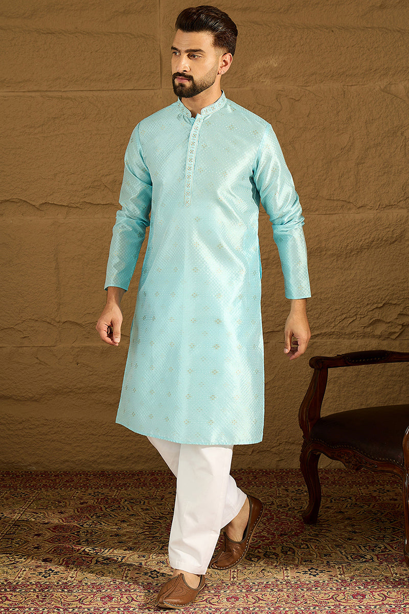 Blue Silk Blend Solid Woven Design Straight Kurta with Trouser MKSET1350