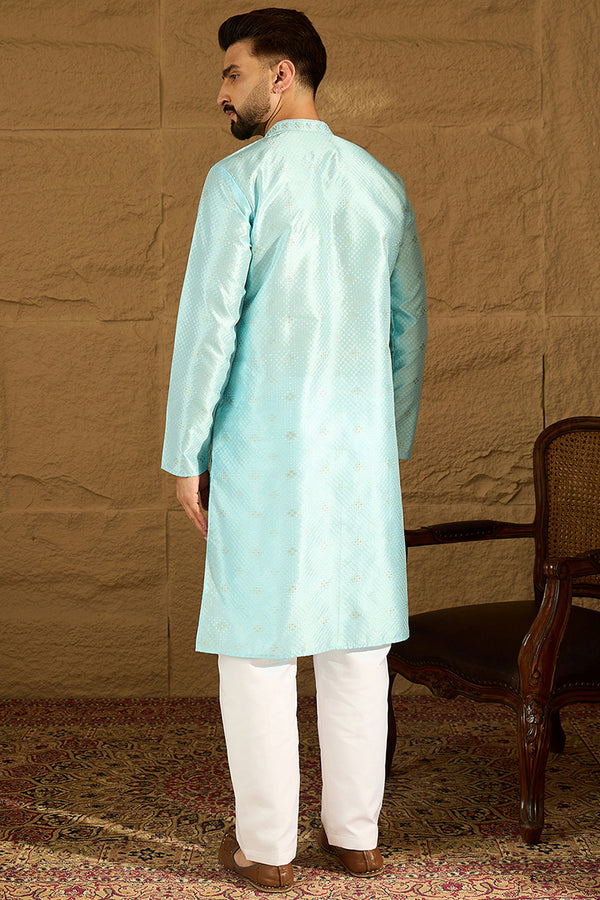 Blue Silk Blend Solid Woven Design Straight Kurta with Trouser MKSET1350