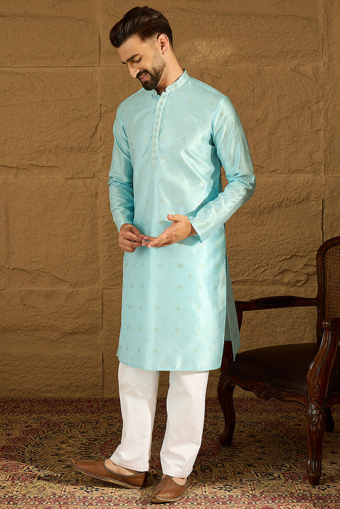 Blue Silk Blend Solid Woven Design Straight Kurta with Trouser MKSET1350