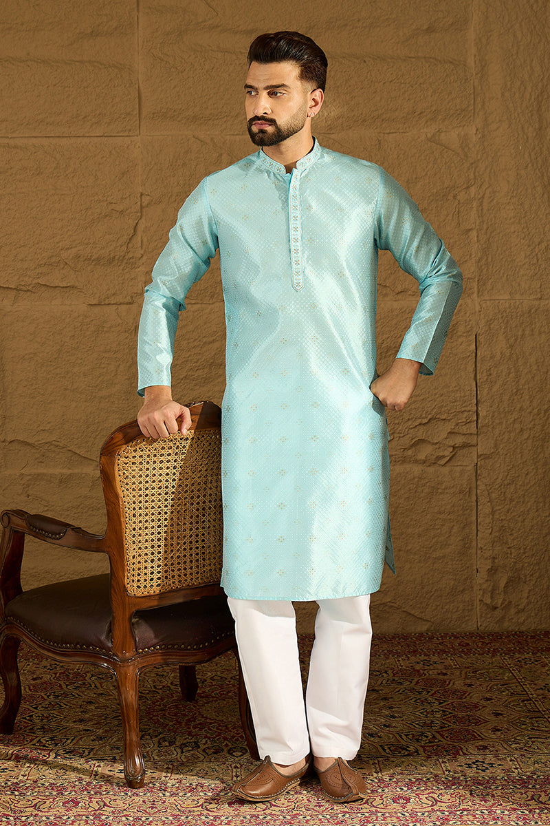 Blue Silk Blend Solid Woven Design Straight Kurta with Trouser MKSET1350