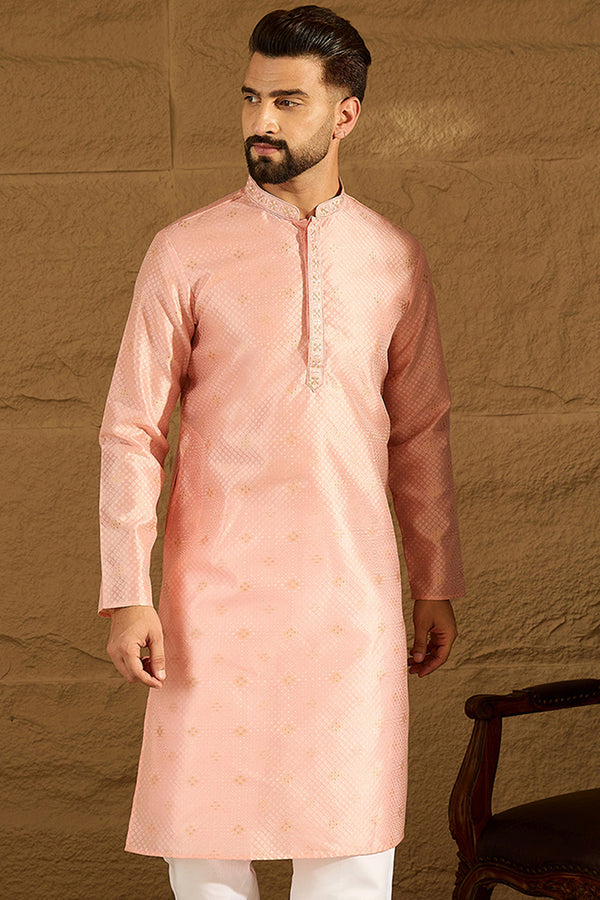 Peach Polyester Solid Embroidered Straight Kurta MKU1351
