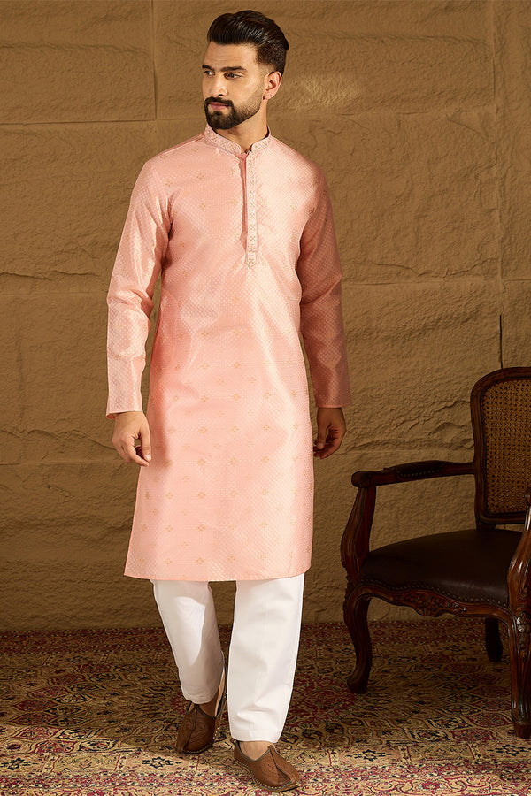 Peach Polyester Solid Embroidered Straight Kurta with Trouser MKSET1351