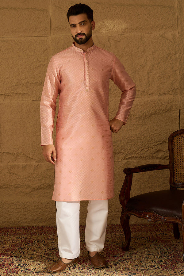 Peach Polyester Solid Embroidered Straight Kurta with Trouser MKSET1351