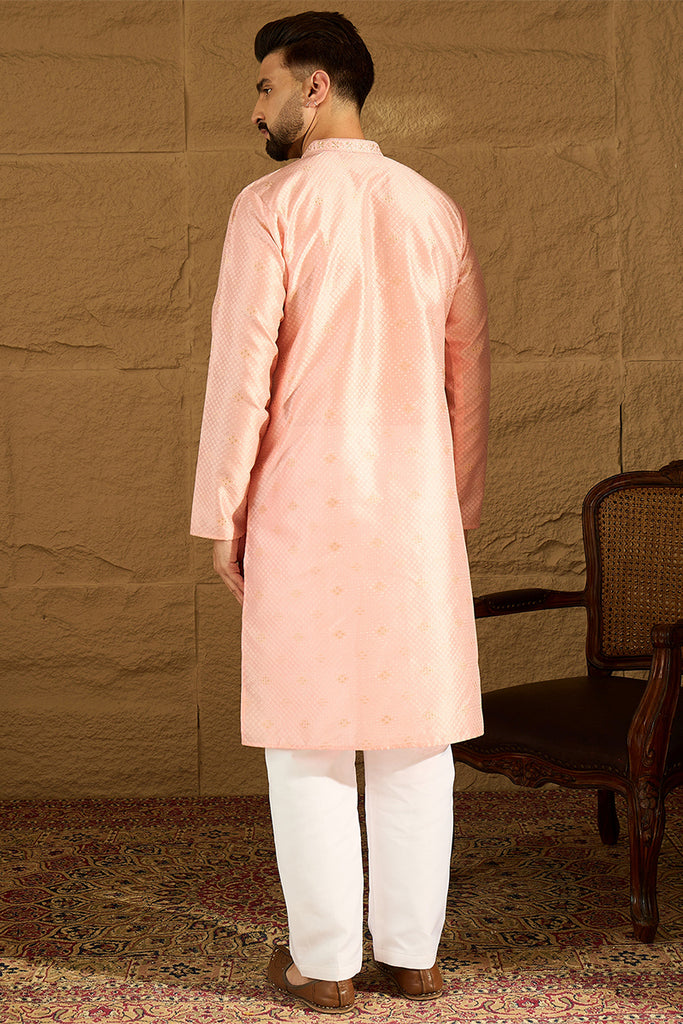 Peach Polyester Solid Embroidered Straight Kurta with Trouser MKSET1351