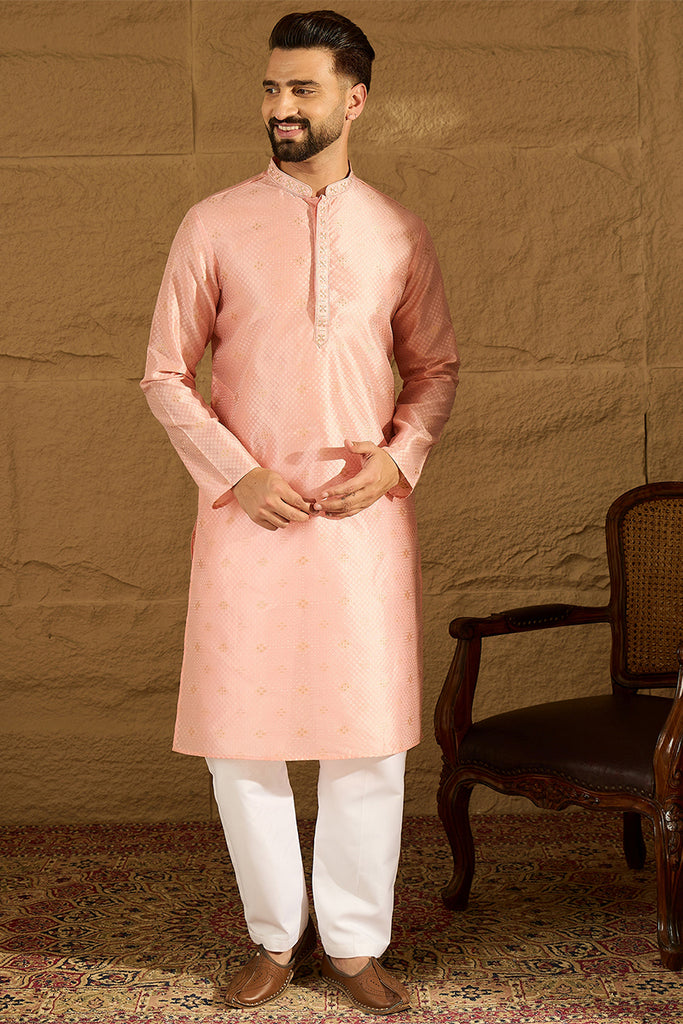 Peach Polyester Solid Embroidered Straight Kurta with Trouser MKSET1351
