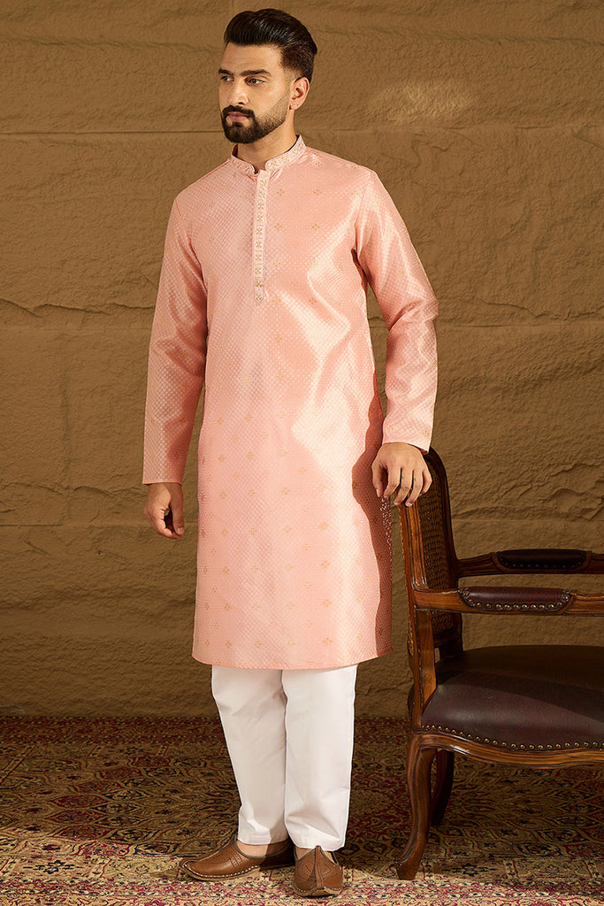 Peach Polyester Solid Embroidered Straight Kurta MKU1351