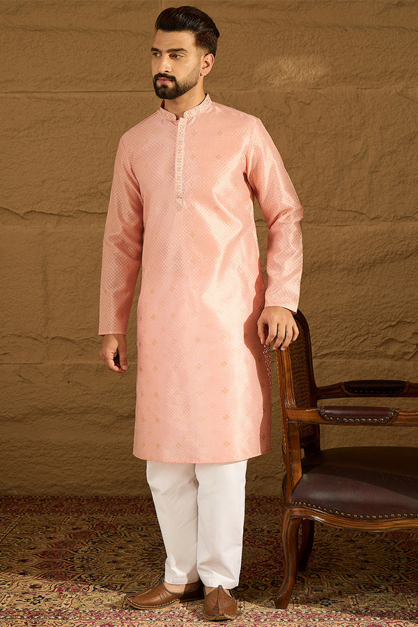 Peach Polyester Solid Embroidered Straight Kurta with Trouser MKSET1351