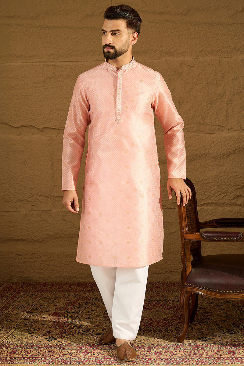 Peach Polyester Solid Embroidered Straight Kurta MKU1351