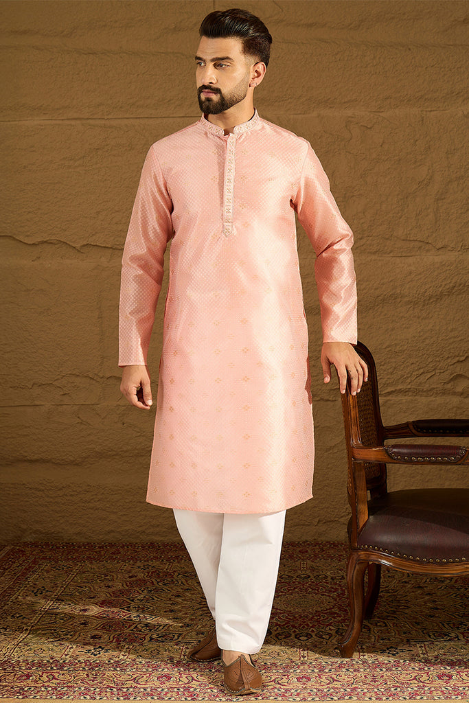 Peach Polyester Solid Embroidered Straight Kurta with Trouser MKSET1351