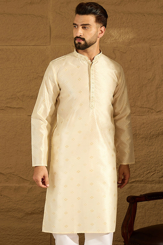 Off White Silk Blend Solid Woven Design Straight Kurta MKU1352