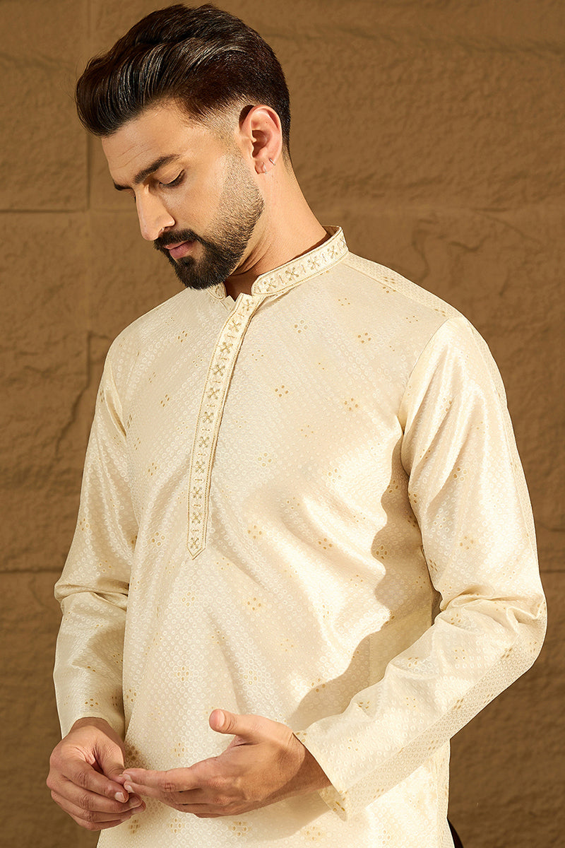 Off White Silk Blend Solid Woven Design Straight Kurta MKU1352