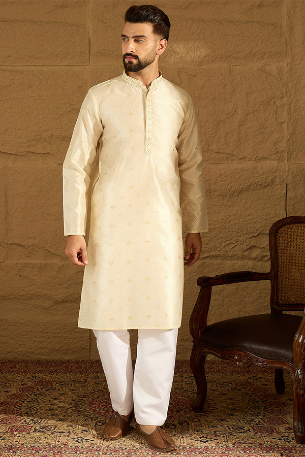Off White Silk Blend Solid Woven Design Straight Kurta with Trouser MKSET1352