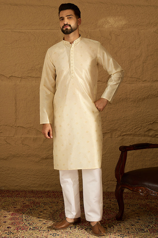 Off White Silk Blend Solid Woven Design Straight Kurta MKU1352