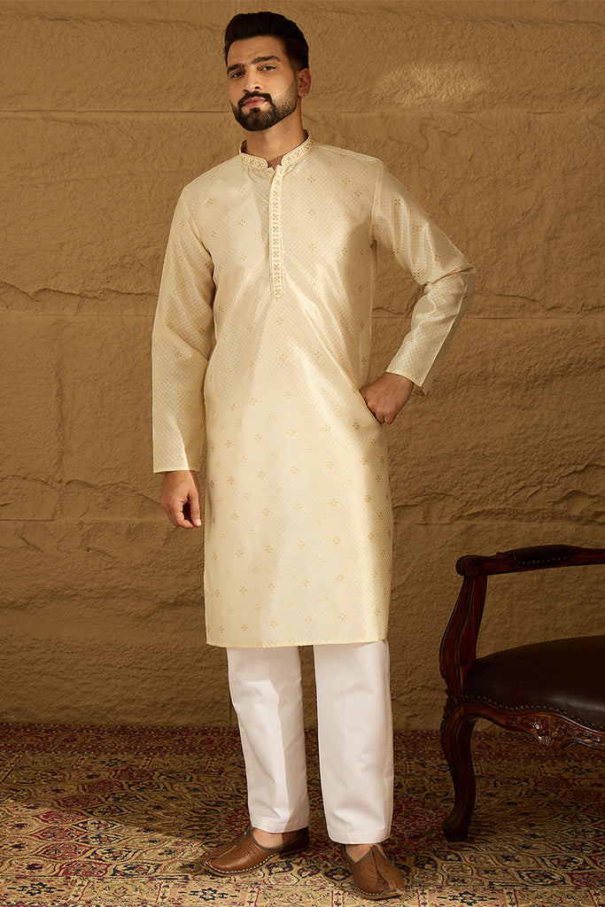 Off White Silk Blend Solid Woven Design Straight Kurta with Trouser MKSET1352