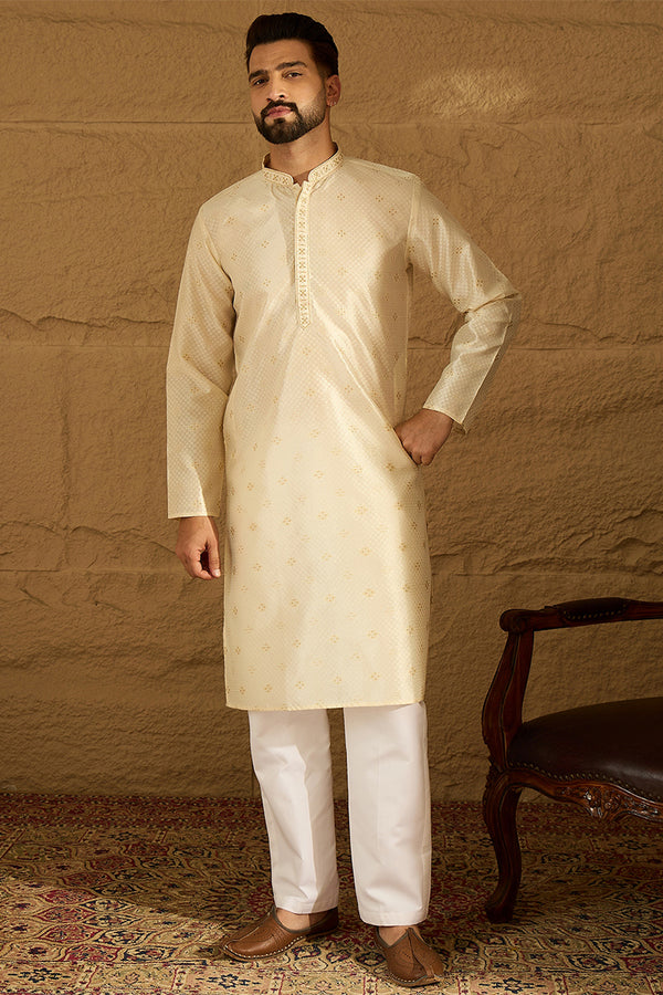 Off White Silk Blend Solid Woven Design Straight Kurta with Trouser MKSET1352